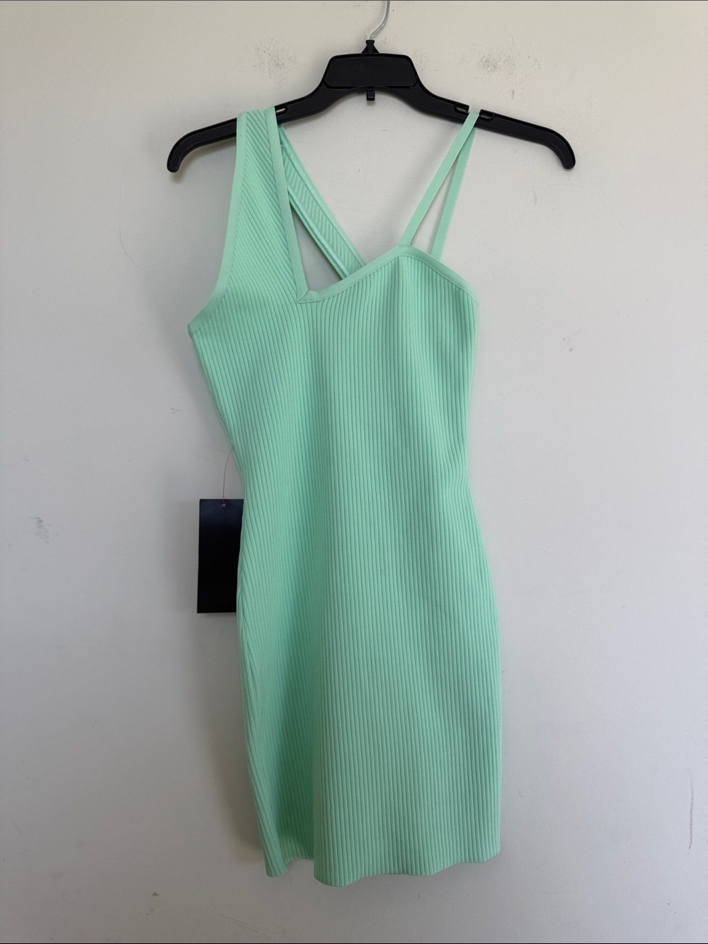 Bebe Mint Ribbed Asymmetric Strap Mini Dress